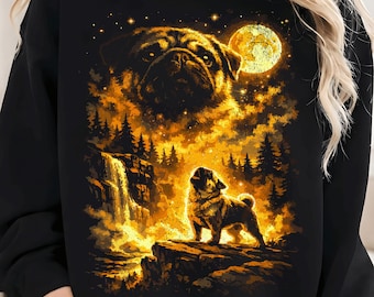 Pug Howling at Moon PNG, Funny Pug Howling At The Moon | Retro Pug Dog PNG, Vintage Moon Animal Art, Funny Dog Mom Sublimation Download Gift