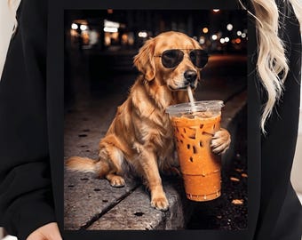 Golden Retriever Drinking Iced Coffee Png, Funny Dog Meme Png, Cute Coffee Lover Dog Shirt Design, Pet Lover Gift Sublimation PNG