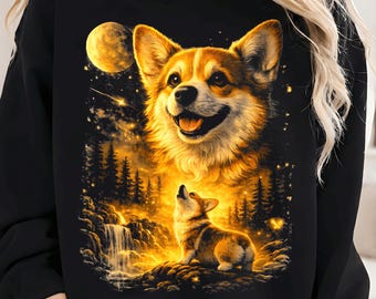 Funny Corgi Howling at The Moon PNG, Vintage 90s Funny Dog Graphic Retro Corgi Moon Art, Vintage Mystical Dog Art, Vintage Pet Sublimation