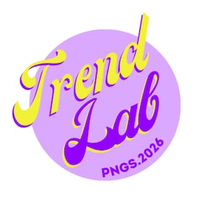 May include: A logo design with the words "Trend Lab" in a retro font. The text is yellow with a purple outline, set against a light purple circle. The text "PNGS.2026" is at the bottom of the design.