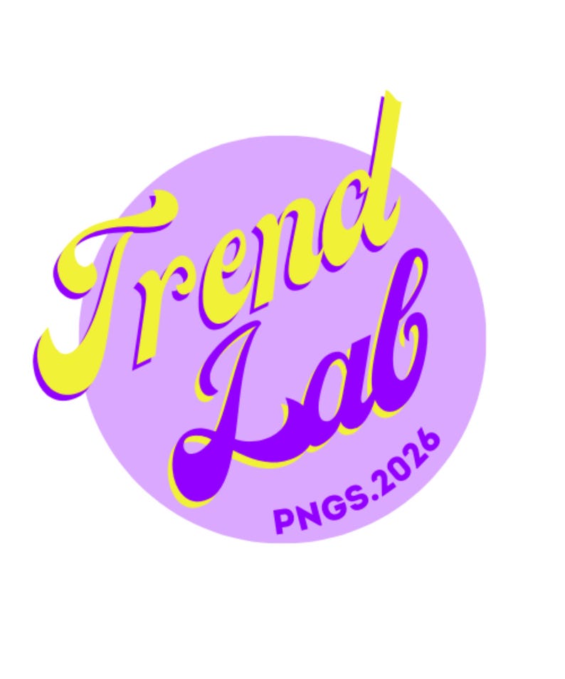 May include: A logo design with the words "Trend Lab" in a retro font. The text is yellow with a purple outline, set against a light purple circle. The text "PNGS.2026" is at the bottom of the design.