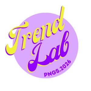May include: A logo design featuring the words "Trend Lab" in a stylized, retro font. The text is yellow with a purple outline, set against a light purple circle. The text "PNGS.2026" is at the bottom.