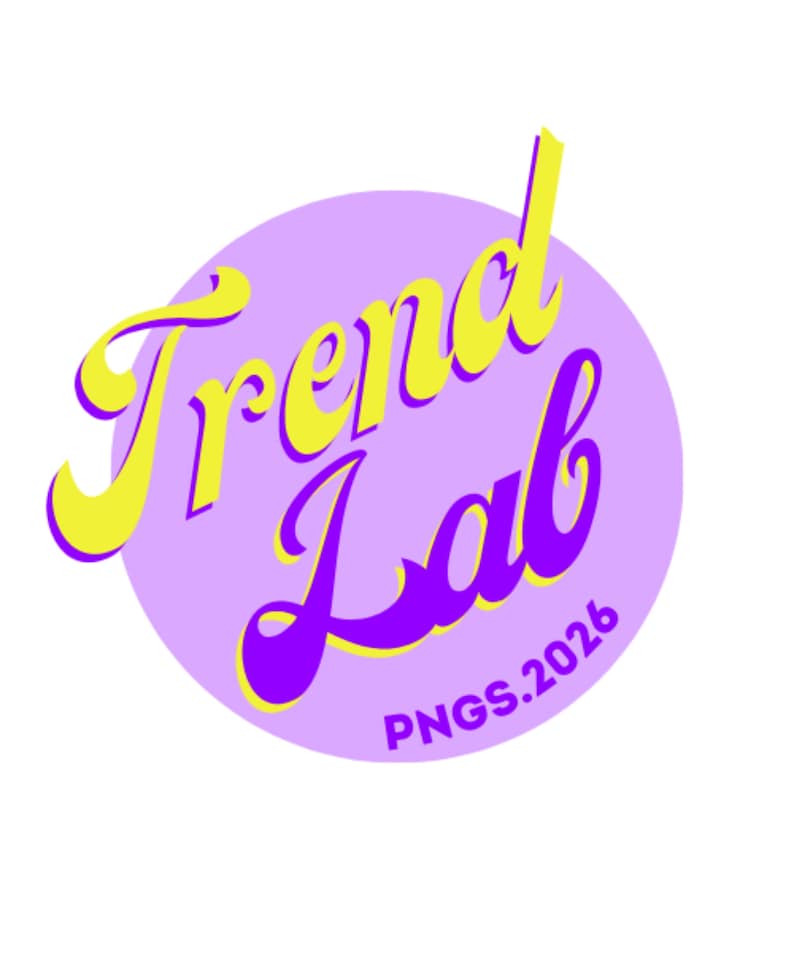 May include: A logo design featuring the words "Trend Lab" in a stylized, retro font. The text is yellow with a purple outline, set against a light purple circle. The text "PNGS.2026" is at the bottom.