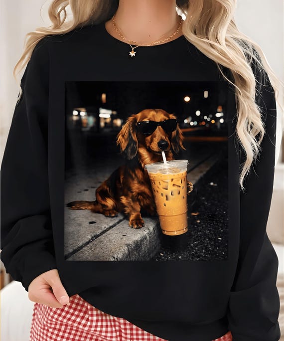 Funny Dachshund Drinking Iced Coffee Png, Retro Prehistoric Png, Gift For Dachshund Lover, Funny Dog Coffee Png, Dachshund Meme Design