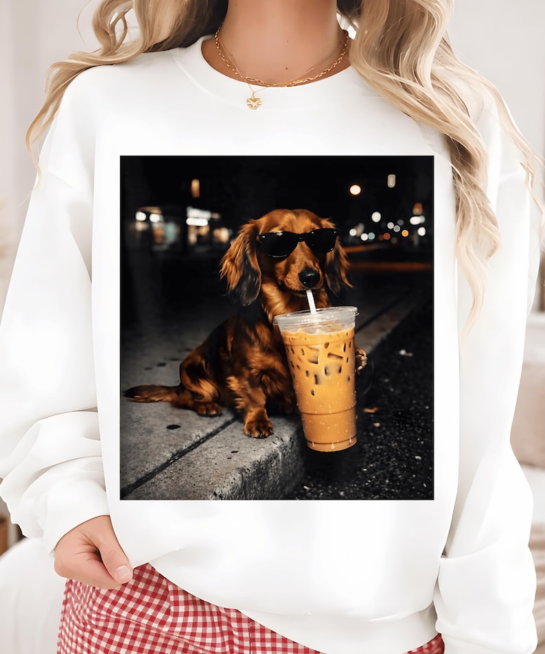 May include: White sweatshirt with a graphic of a dachshund wearing sunglasses and drinking iced coffee. The dog is brown with long hair. The image has a dark background with blurred lights.