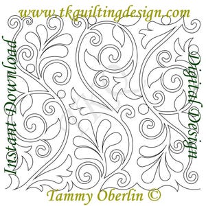 May include: A black and white digital design featuring floral and scroll patterns. The design includes the text "Instant Download" and "Digital Design" in green, along with a website address and the name "Tammy Oberlin".