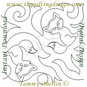 Puede incluir: Diseño digital en blanco y negro para acolchado, con zorros estilizados y remolinos florales. El texto incluye "Instant Download" y "Digital Design" en los bordes, y "www.tkquiltingdesign.com" y "Tammy Oberlin ©".