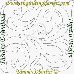 Op de afbeelding: Een digitaal quiltontwerp met een herhalend patroon van gestileerde, vloeiende bladeren en krullen. Het ontwerp is zwart op een witte achtergrond. Tekst omvat "Instant Download", "Digital Design", "www.tkquiltingdesign.com" en "Tammy Oberlin ©".