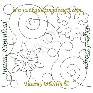 Könnte beinhalten: Digitales Design mit weißem Hintergrund und schwarzen Linienzeichnungen von Schneeflocken, Wirbeln und Kreisen. Der Text enthält "Sofort-Download", "Digitales Design", "www.tkquiltingdesign.com" und "Tammy Oberlin ©".