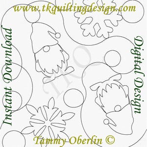 May include: Black and white digital design featuring two gnomes, snowflakes, and circular shapes. The text "Instant Download" and "Digital Design" are on the left and right sides, respectively. The website address "www.tkquiltingdesign.com" and the name "Tammy Oberlin ©" are also visible.