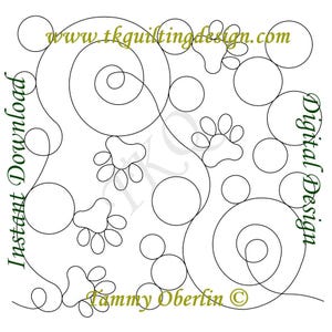 May include: A digital design for quilting featuring a pattern of paw prints, spirals, and circles. The design includes the text "Instant Download" and "Digital Design" in a green font. The website address "www.tkquiltingdesign.com" and the copyright "Tammy Oberlin ©" are also included.