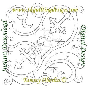 May include: Black and white digital design featuring ornate crosses and swirling floral elements. The design includes the text "Instant Download" and "Digital Design" along the edges, with the website address "www.tkguildingdesign.com" and the name "Tammy Oberlin" at the bottom.
