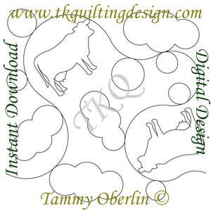 May include: A digital design for quilting featuring two cow silhouettes, clouds, and circles. The design includes the text "Instant Download" and "Digital Design" in a green font, along with the website address and the name "Tammy Oberlin".