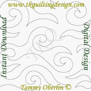 Könnte beinhalten: Digitales Quiltmuster mit wirbelnden Linien auf weißem Hintergrund. Die Wörter "Sofort-Download" und "Digitales Design" sind vertikal auf der linken und rechten Seite aufgedruckt. Die Website-Adresse und der Name des Designers sind ebenfalls sichtbar.