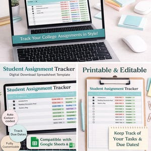 May include: A laptop displaying a digital student assignment tracker spreadsheet. The text "Student Assignment Tracker" and "Track Your College Assignments in Style!" are visible. Other images show the tracker on paper and a clipboard.