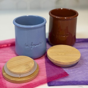 La Fermiere Terracotta Yogurt Pot Set: Brown & Blue, Bamboo Lids