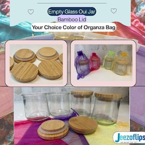 May include: An assortment of empty glass Oui jars with bamboo lids, displayed with various colored organza bags. The jars are shown in different arrangements, highlighting the product's versatility and options.