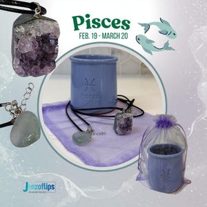 May include: A collection of Pisces-themed items, including gemstone pendants on black cords, a small blue ceramic pot with the Pisces symbol, and a drawstring bag. The image features the text "Pisces" and the dates "FEB. 19 - MARCH 20".