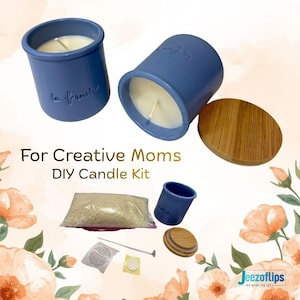 May include: DIY candle kit with blue ceramic candle holders, a wooden lid, wax beads, and a wick. The kit includes the text "For Creative Moms DIY Candle Kit".