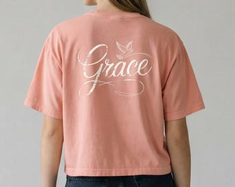 Grace Script Boxy Tee | Comfort Colors Christian Shirt, Minimal Faith Graphic Crop Style