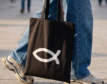 Ichthys Fish Symbol Cotton Canvas Tote Bag | Minimal Faith Everyday