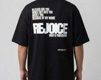 REJOICE Christian Tee, Bible Scripture Shirt, Matthew 5:11-12, AS Colour 5080