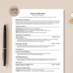 May include: A white resume template for a software engineer named Noah Johnson, featuring sections for professional summary, technical skills, experience, projects, and education. A black pen is positioned to the left of the document.