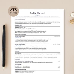 May include: A white resume template with black text featuring sections for professional summary, technical skills, experience, projects, education, and certifications. The document includes the name Sophia Hartwell and a circular ATS Friendly badge.
