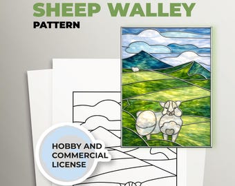 Motif de vitrail Sheep Valley, modèle attrape-soleil paysage, scène de ferme (PDF A4)