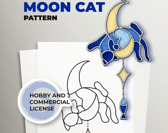 Motif de vitrail chat lune, modèle attrape-soleil, art du verre en croissant (PDF A4)