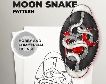 Motif de vitrail serpent lune, modèle attrape-soleil serpent gothique (PDF A4)