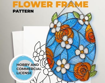 Cadre en vitrail floral motif attrape-soleil ovale fleur imprimable A4