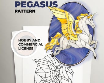 Motif de vitrail Pégase, modèle attrape-soleil cheval ailé, art fantastique (téléchargement PDF)