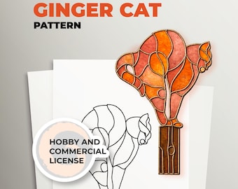 Motif de vitrail chat roux, modèle attrape-soleil, art animalier (téléchargement PDF)