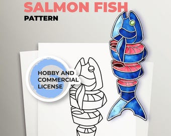 Motif de vitrail poisson saumon, modèle attrape-soleil, art du verre pour débutant (PDF A4)