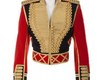 Giacca da ufficiale militare da uomo, rossa e nera, con trecce dorate, da parata, da ussaro