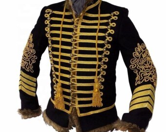 Giacca da ussaro napoleonico, tunica militare nera e dorata, cappotto da parata
