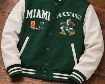 Giacca stile college Miami Hurricanes, verde lana, maniche in pelle bianca, giacca letterman fatta a mano, bomber da uomo.