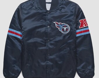 Giacca Varsity in raso dei Tennessee Titans, giacca Letterman blu navy, giacca bomber stile NFL, abbigliamento streetwear per uomo e donna.