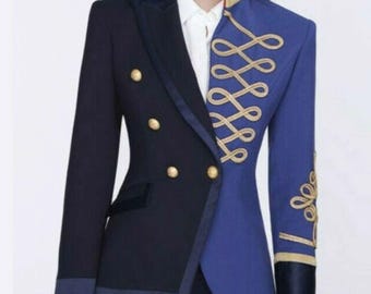 Giacca militare da ussaro da donna, blazer con fascia ricamata a contrasto, cappotto da parata