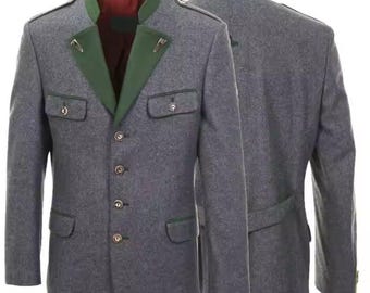 Men's Traditional Austrian Hunting Jacket | Gray Wool Green Trim Trachten Coat | Oktoberfest