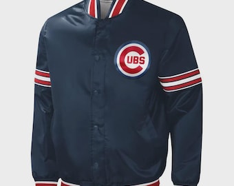 Giacca stile college in raso dei Chicago Cubs, blu navy, modello baseball, bomber, regalo per i tifosi.