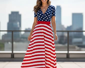 American Flag Maxi Dress - Patriotic Stars & Stripes Wrap Dress