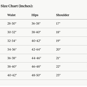 May include: A men's gothic coat size chart in inches, showing chest, waist, hips, shoulder, and length measurements for sizes XS to 3XL. The chart is displayed on a cream-colored background. Measurements are in inches.
