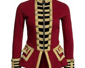 Giacca rossa da donna della banda militare / Cappotto da ufficiale ussaro in lana / Uniforme da parata in stile gotico vittoriano