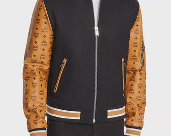 MCM Mens Lambskin Leather Varsity Jacket Wool Body Bomber Streetwear Baseball Jacket