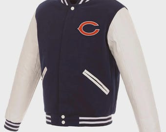 Giacca stile college Chicago Bears, blu navy, lana, maniche in pelle bianca, giacca letterman da uomo, giacca bomber da baseball