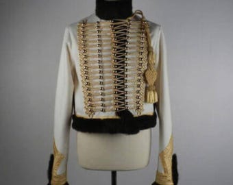 Giacca da uomo bianca da ussaro, cappotto da parata militare intrecciato