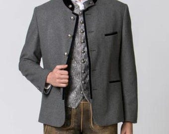 Giacca da uomo Trachten in lana grigia con colletto in velluto nero e bottoni argentati - Blazer tradizionale bavarese per l'Oktoberfest