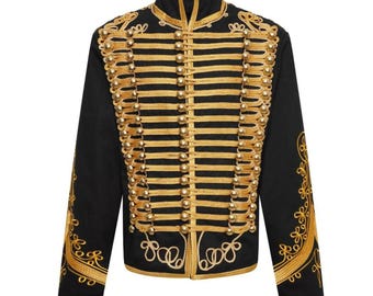 Giacca da batterista militare nera da uomo, cappotto da ussaro con banda da parata intrecciata in oro
